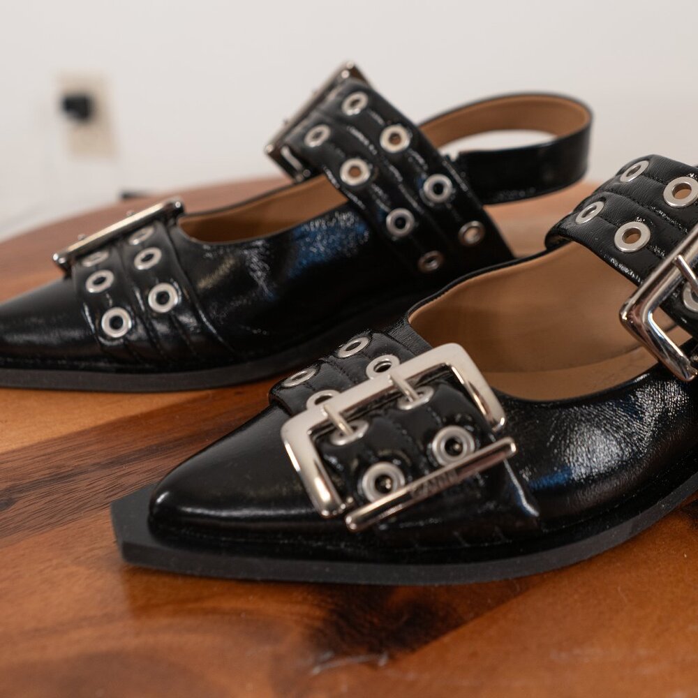 GANNI Buckled Eyelet-Embellished Leather Ballet Flats - Worn Once
